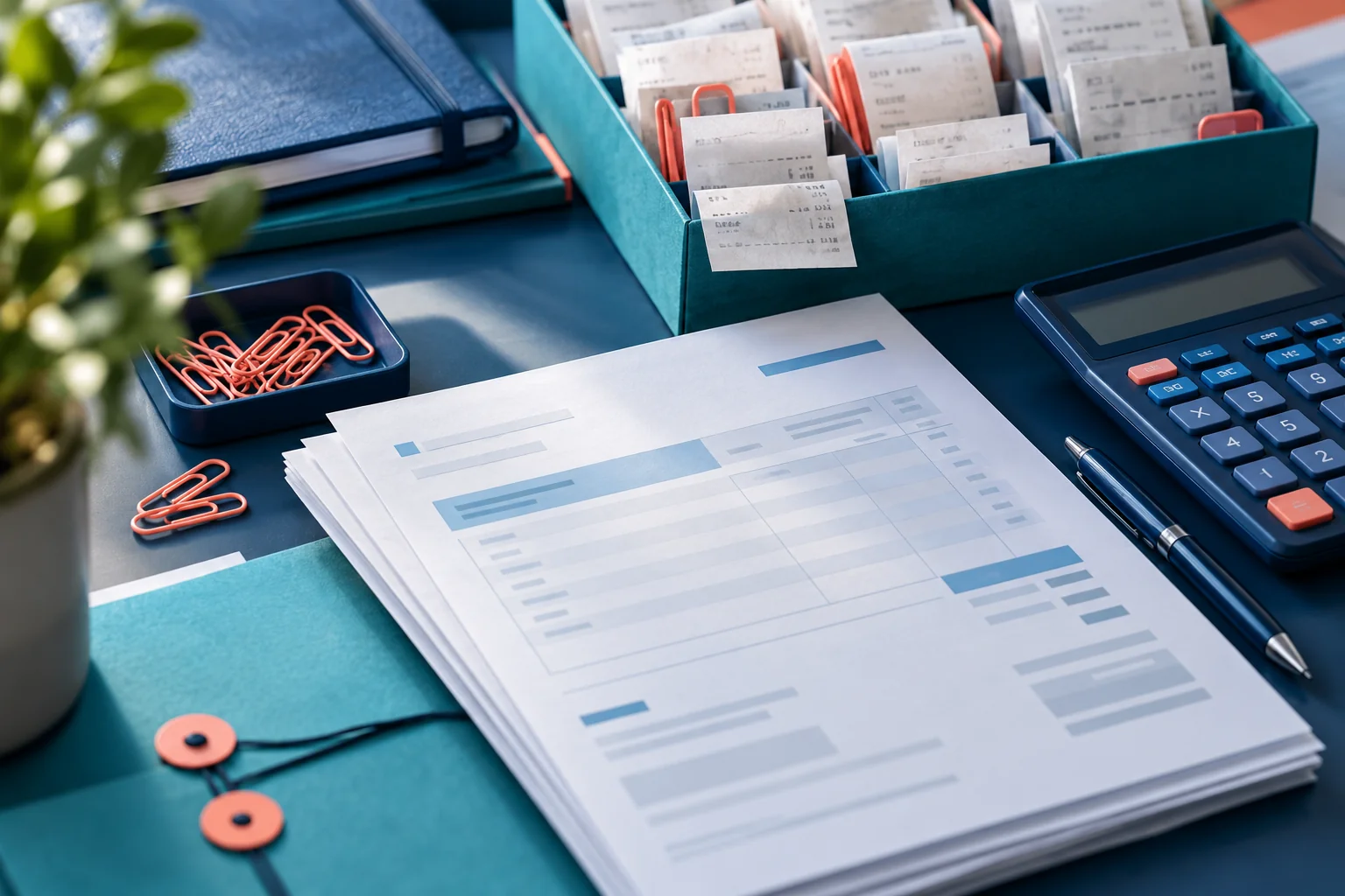 Organized receipts, invoices and bookkeeping tools