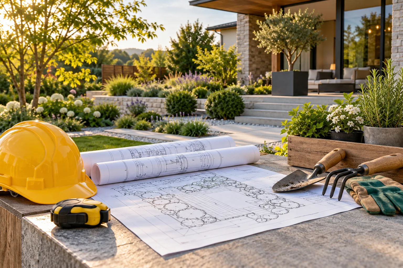 Construction and landscaping equipment beside a residential garden