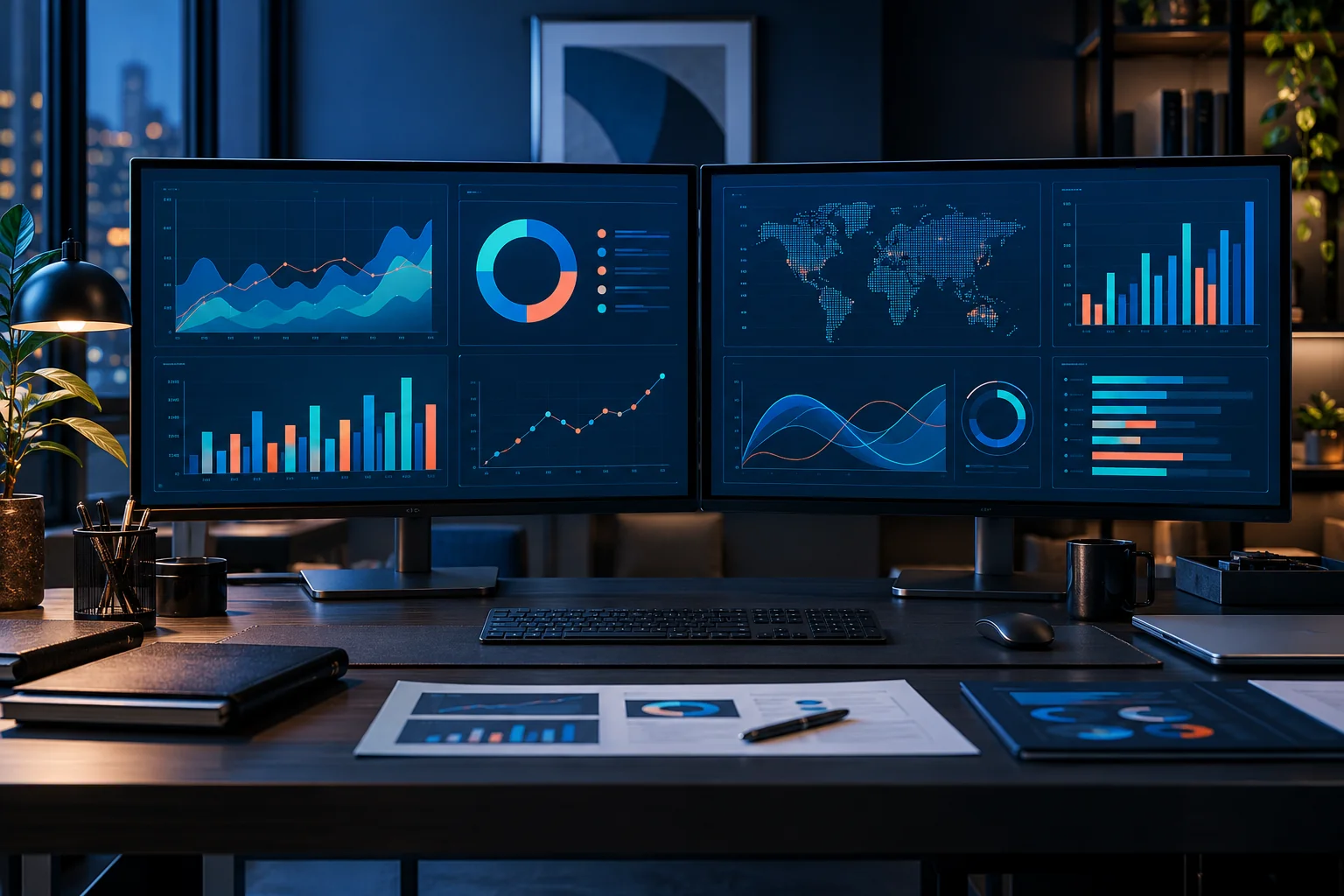 Business analytics workstation with dashboard screens