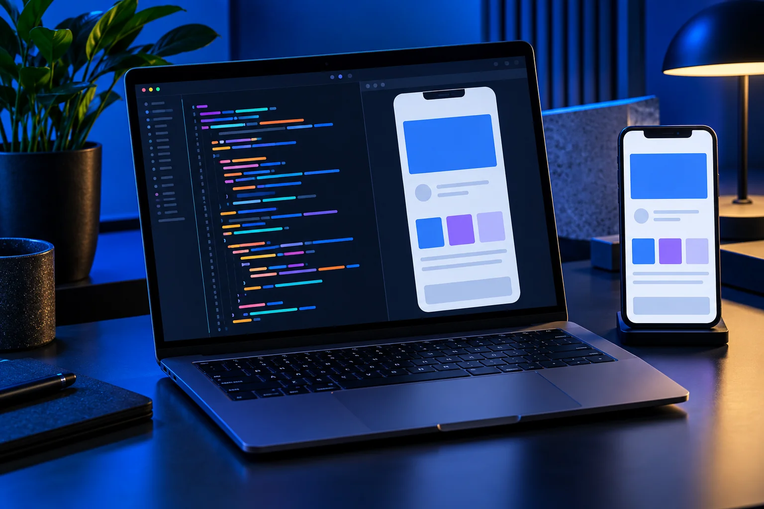 Web development tools on laptop and mobile screens