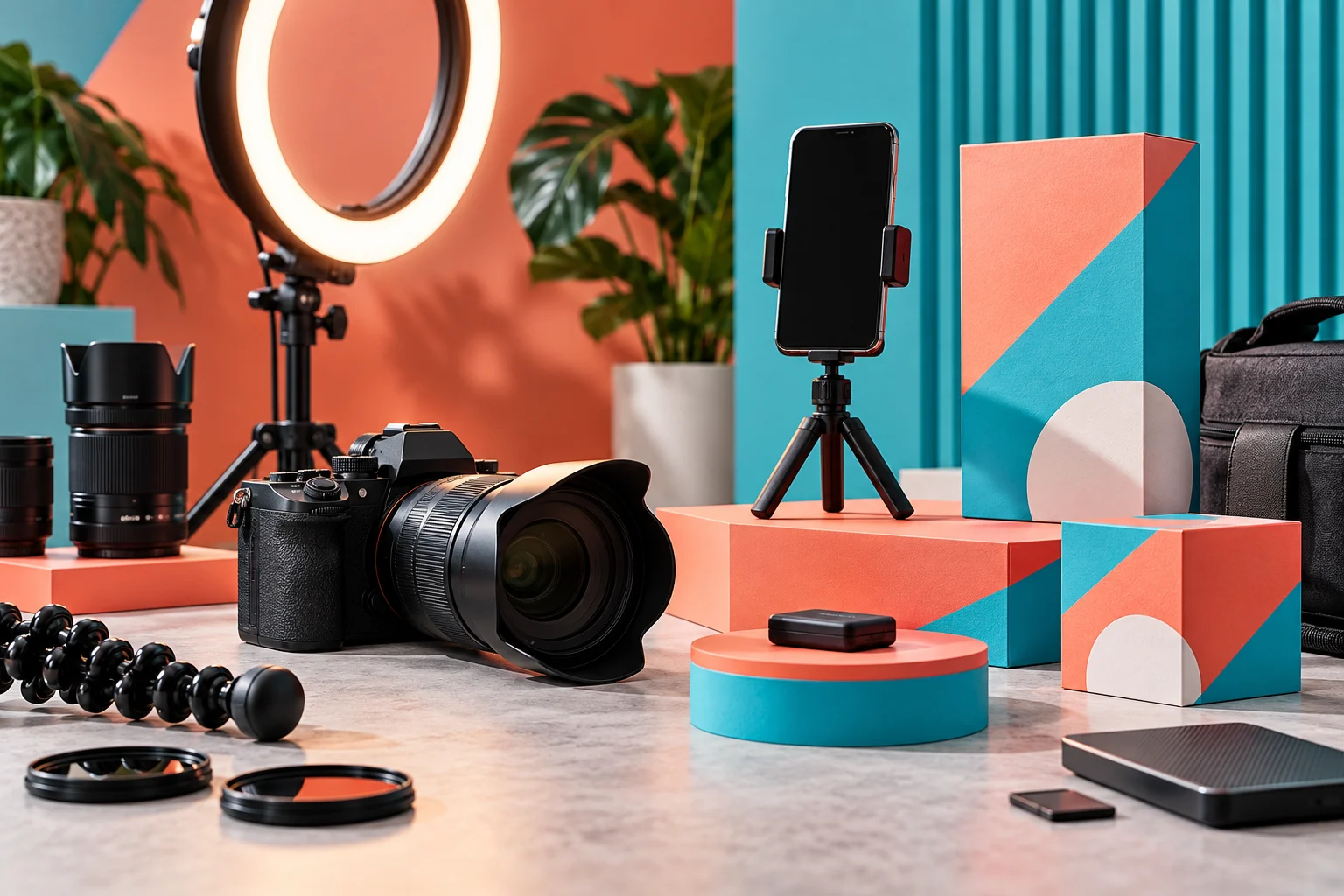 Creative content production studio with camera and lighting
